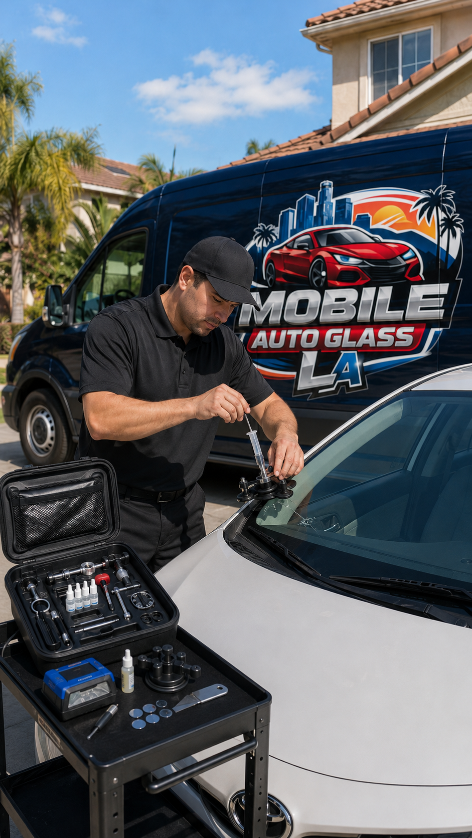 Mobile Auto Glass LA technician reviewing windshield damage details before a mobile repair in Santa Monica, CA